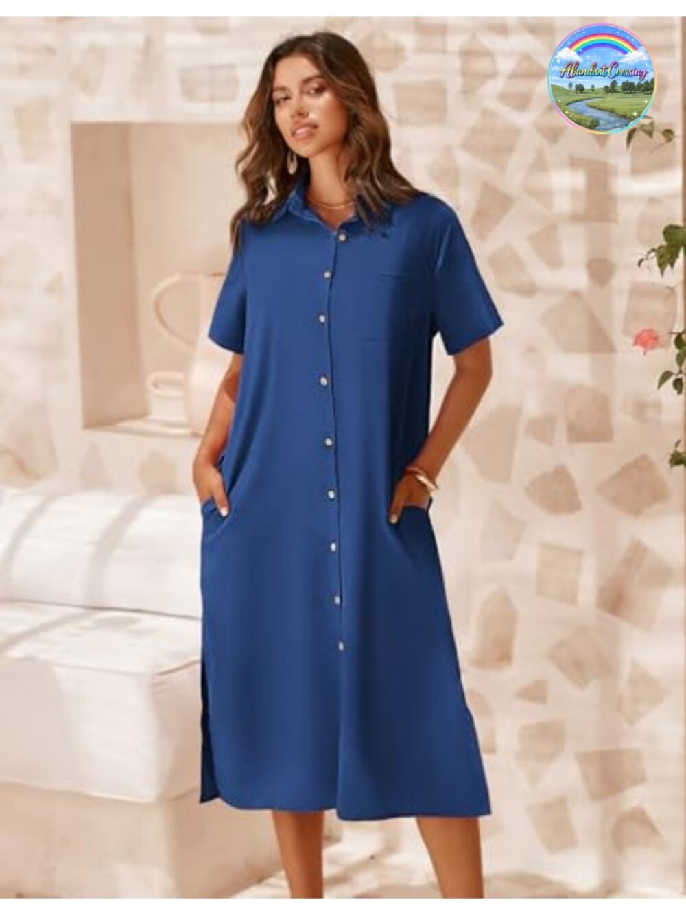 Casual Shift Dress Short Sleeve Button Down with Pockets
